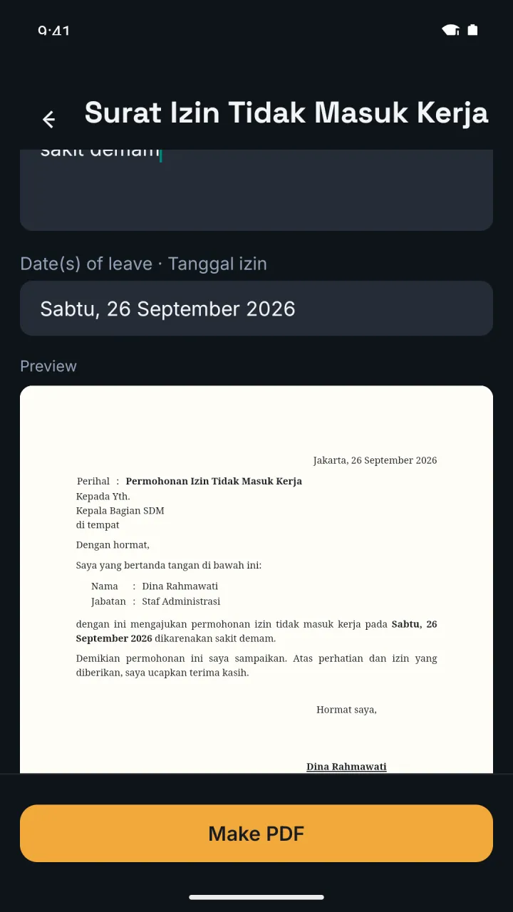 Form screen: the date field and a live paper preview of the leave letter, with a Make PDF button.
