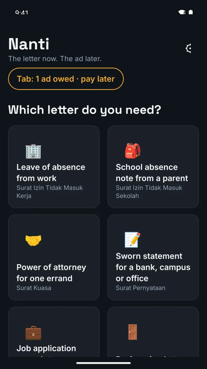 Home screen after the PDF was shared: amber pill reading Tab: 1 ad owed · pay later.